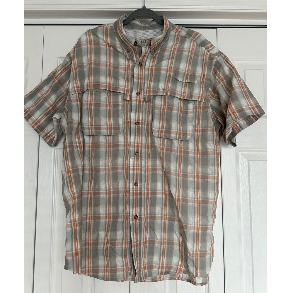 LL Bean Mens Large Fishing Shirt Short Sleeve Plaid Vented Back Grey Orange. EUC